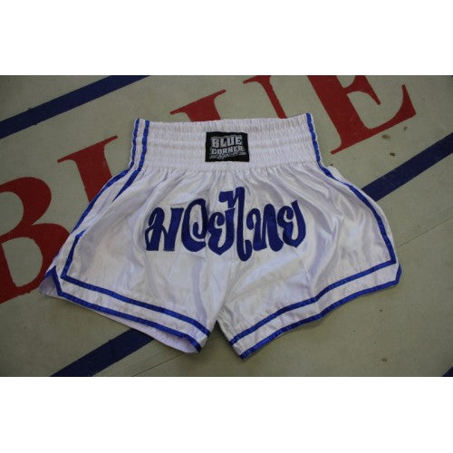 Satiini Muaythai-shortsit. Valkoinen.